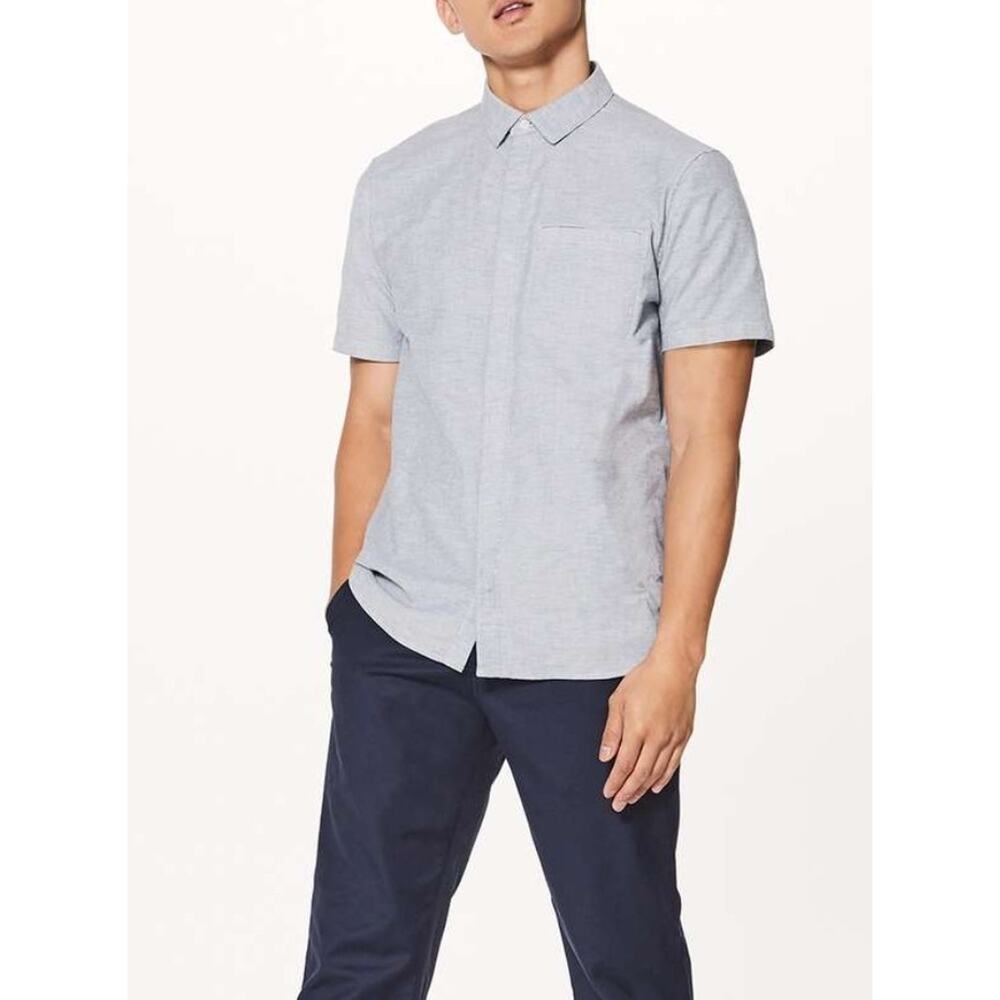 Lululemon On Time Shirt Mens Casual Button Up Grey Short Sleeve Collared | XL